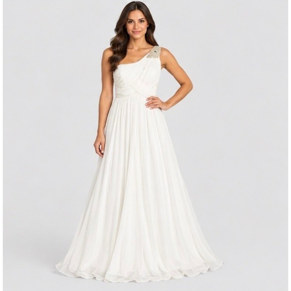Calvin Klein Womens White One-Shoulder Gown Rhinestone Pleated Formal Dress